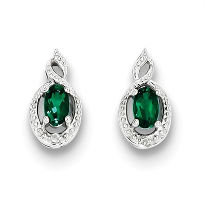 Sterling Silver Emerald & Diamond Post Earrings- May Birthstone