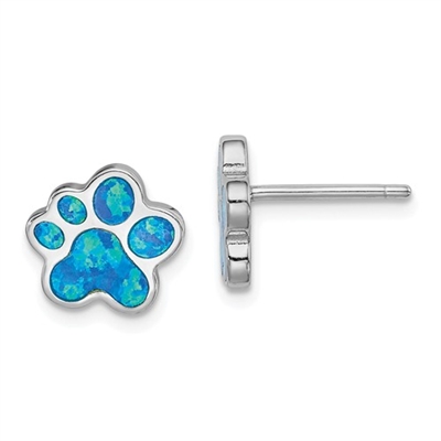 Sterling Silver Dog Paw Post Earrings- Lab Created Opal