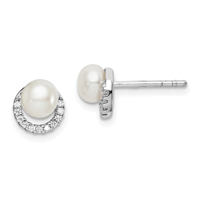 Sterling Silver Post Earrings- Freshwater Pearl & Cubic Zirconia
