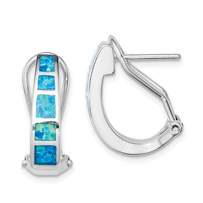 Sterling Silver J Hoop Earrings- Lab Created Blue Opal