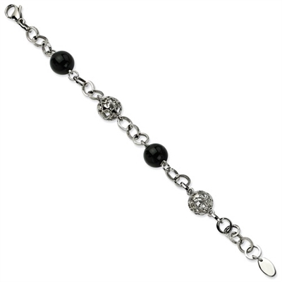 Stainless Steel Black Onyx & Cutout Bead Bracelet