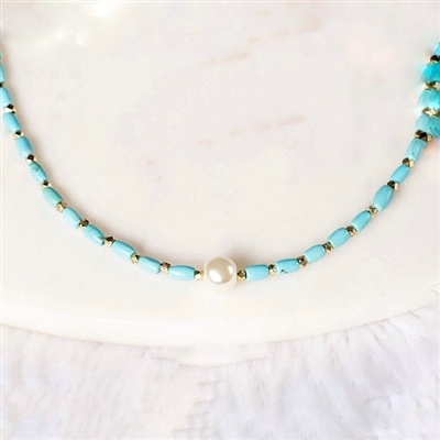 Edgy Petal Beaded Necklace- Turquoise and  Pearl