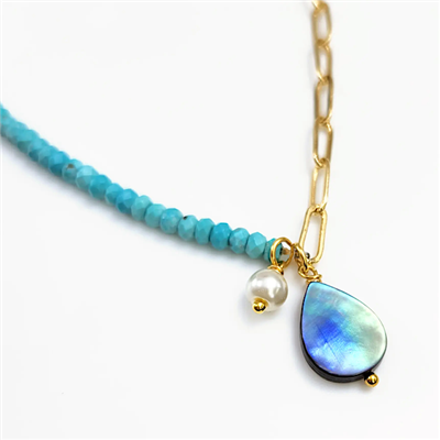 Edgy Petal Beaded Necklace- Turquoise, Pearl & Abalone