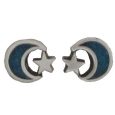 Sterling Silver Post Earring-Moon & Star with Blue Inlay