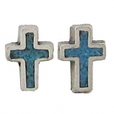 Sterling Silver Post Earring-Cross with Blue Inlay