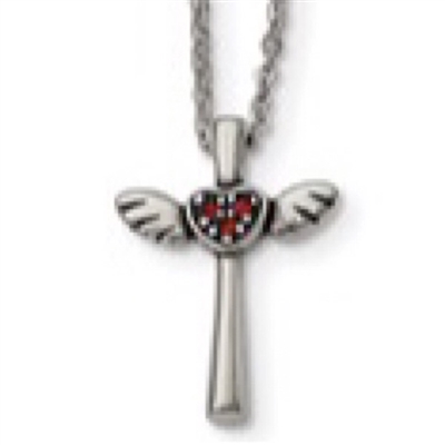 Stainless Steel Necklace- Winged Cross with Red Crystals