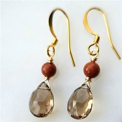 Goldstone  & Smoky Quartz  Gold Earrings