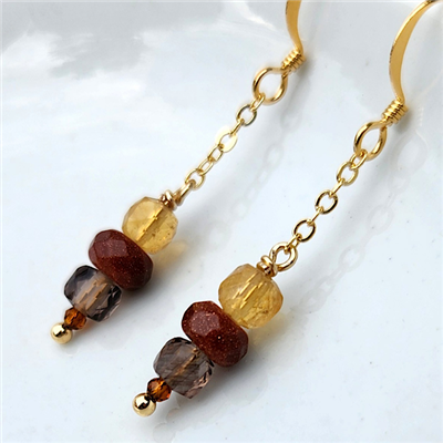 Goldstone Smoky Quartz & Citrine Gold Chain Earrings