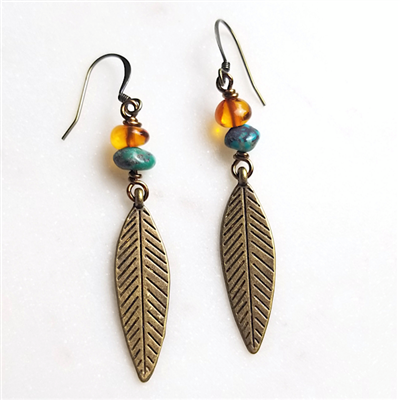 Antique Brass Leaf Earring with Turquoise & Amber