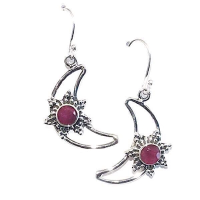 Sterling Silver Ruby Dangle Earrings--Crescent Moon & Star
