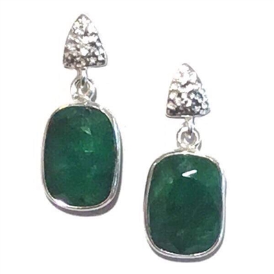 Sterling Silver Post Dangle Earrings- Emerald