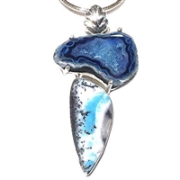 Sterling Silver Pendant- Mexican Dendrite & Marine Blue Geode Druzy