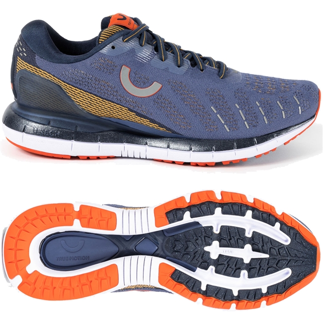 True Motion U-TECH Aion Men's Road Running Shoe. (True Navy/Orangeade/Dress Blues)