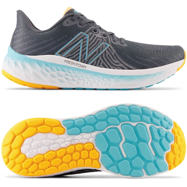 New Balance Fresh Foam Vongo v5 Men's Road Running Shoe. (Graphite with Summer Aqua and Hot Marigold)