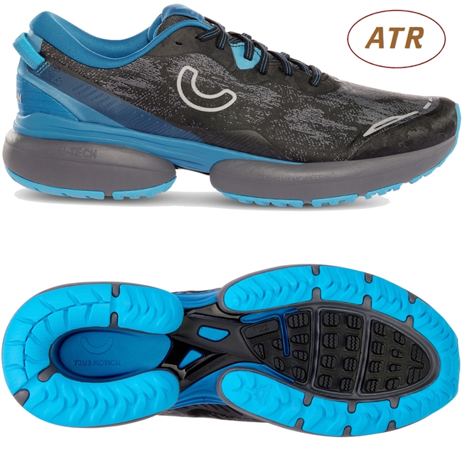 True Motion U-TECH Nevos Elements Men's Road Running Shoe. (Black/Mykonos Blue/Castle Rock)