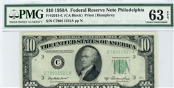 2011-C (CA Block), $10 Federal Reserve Note Philadelphia, 1950A