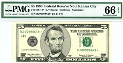 1987-J* (BJ* Block), $5 Federal Reserve Note Kansas City, 1999