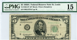 1962-H* (H* Block), $5 Federal Reserve Note St. Louis, 1950A