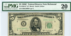 1964-E* (E* Block), $5 Federal Reserve Note Richmond, 1950C