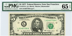 1974-L (LA Block), $5 Federal Reserve Note San Francisco, 1977