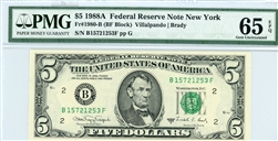 1980-B (BF Block), $5 Federal Reserve Note New York, 1988A