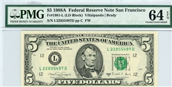 1981-L (LD Block), $5 Federal Reserve Note San Francisco, 1988A