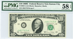 2021-J (JA Block), $10 Federal Reserve Note Kansas City, 1969C