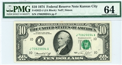 2022-J (JA Block), $10 Federal Reserve Note Kansas City, 1974