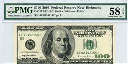 2175-E* (AE* Block)	, $100 Federal Reserve Note Richmond, 1996