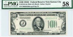 2155-Jm Mule (JA Block), $100 Federal Reserve Note Kansas City, 1934C