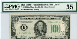 2155-Km Mule (KA Block), $100 Federal Reserve Note Dallas, 1934C