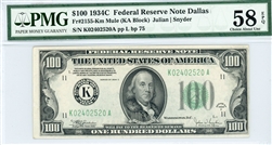 2155-Km Mule (KA Block), $100 Federal Reserve Note Dallas, 1934C