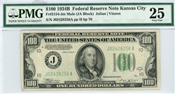 2154-Jm Mule (JA Block), $100 Federal Reserve Note Kansas City, 1934B