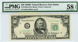 2109-K (KA Block), $50 Federal Reserve Note Dallas, 1950B