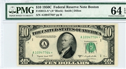 2013-A* (A* Block), $10 Federal Reserve Note Boston, 1950C