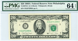 2076-C (CA Block), $20 Federal Reserve Note Philadelphia, 1988A
