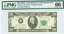 2076-J (JB Block), $20 Federal Reserve Note Kansas City, 1988A