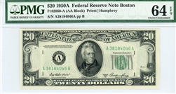 2060-A (AA Block), $20 Federal Reserve Note Boston, 1950A