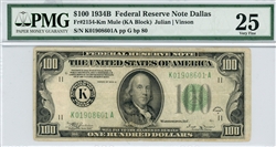 2154-Km Mule (KA Block), $100 Federal Reserve Note Dallas, 1934B