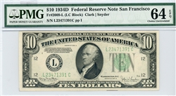 2009-L (LC Block), $10 Federal Reserve Note San Francisco, 1934D