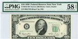 2010-BN Narrow (BB Block), $10 Federal Reserve Note New York, 1950