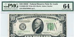 2008-HW Wide (HA Block), $10 Federal Reserve Note St. Louis, 1934C