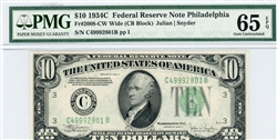 2008-CW Wide (CB Block), $10 Federal Reserve Note Philadelphia, 1934C