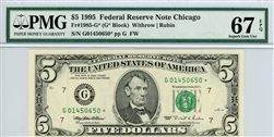 1985-G* (G* Block), $5 Federal Reserve Note Chicago, 1995