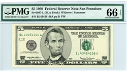 1987-L (BLA Block), $5 Federal Reserve Note San Francisco, 1999