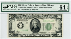 2055-Gm Mule (GA Block), $20 Federal Reserve Note Chicago, 1934A