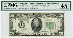 2058-IN Narrow (IA Block), $20 Federal Reserve Note Minneapolis, 1934D