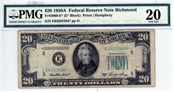 2060-E* (E* Block), $20 Federal Reserve Note Richmond, 1950A