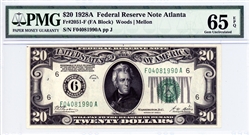 2051-F (FA Block), $20 Federal Reserve Note Atlanta, 1928A