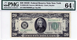 2058-BN Narrow (BB Block), $20 Federal Reserve Note New York, 1934D
